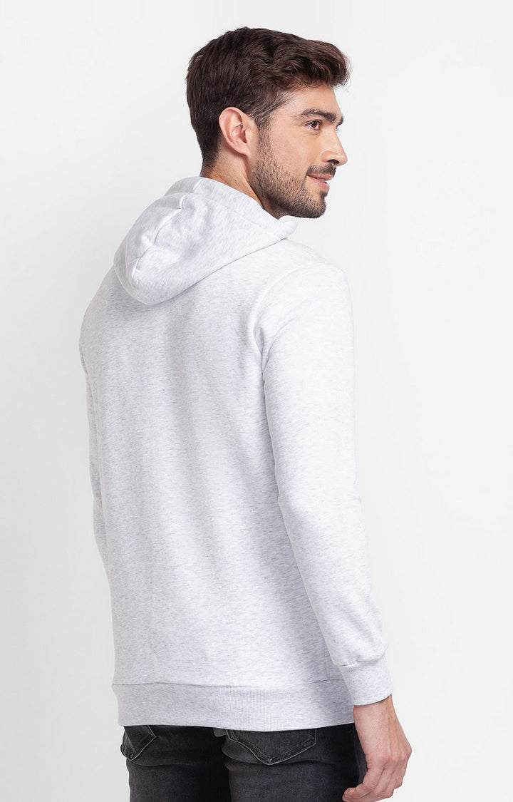 Spykar Ecru Melange Cotton Full Sleeve Hooded Sweatshirt For Men
