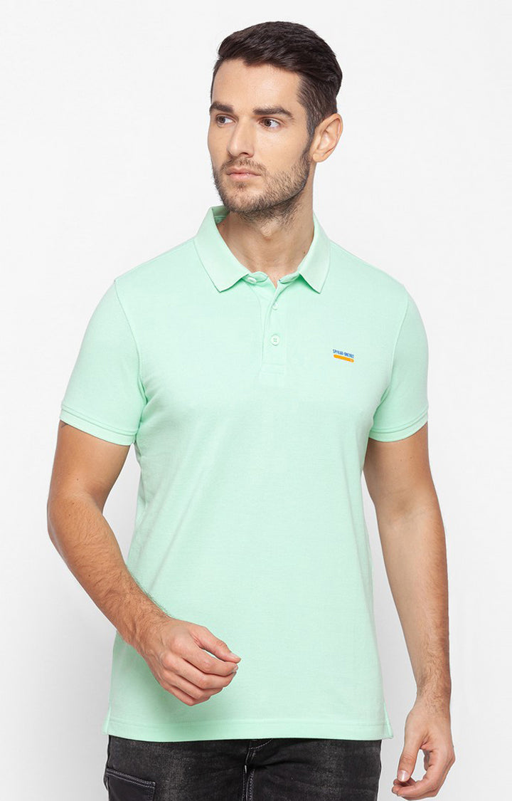 Spykar Green Cotton Slim Fit Polo T-Shirt For Men