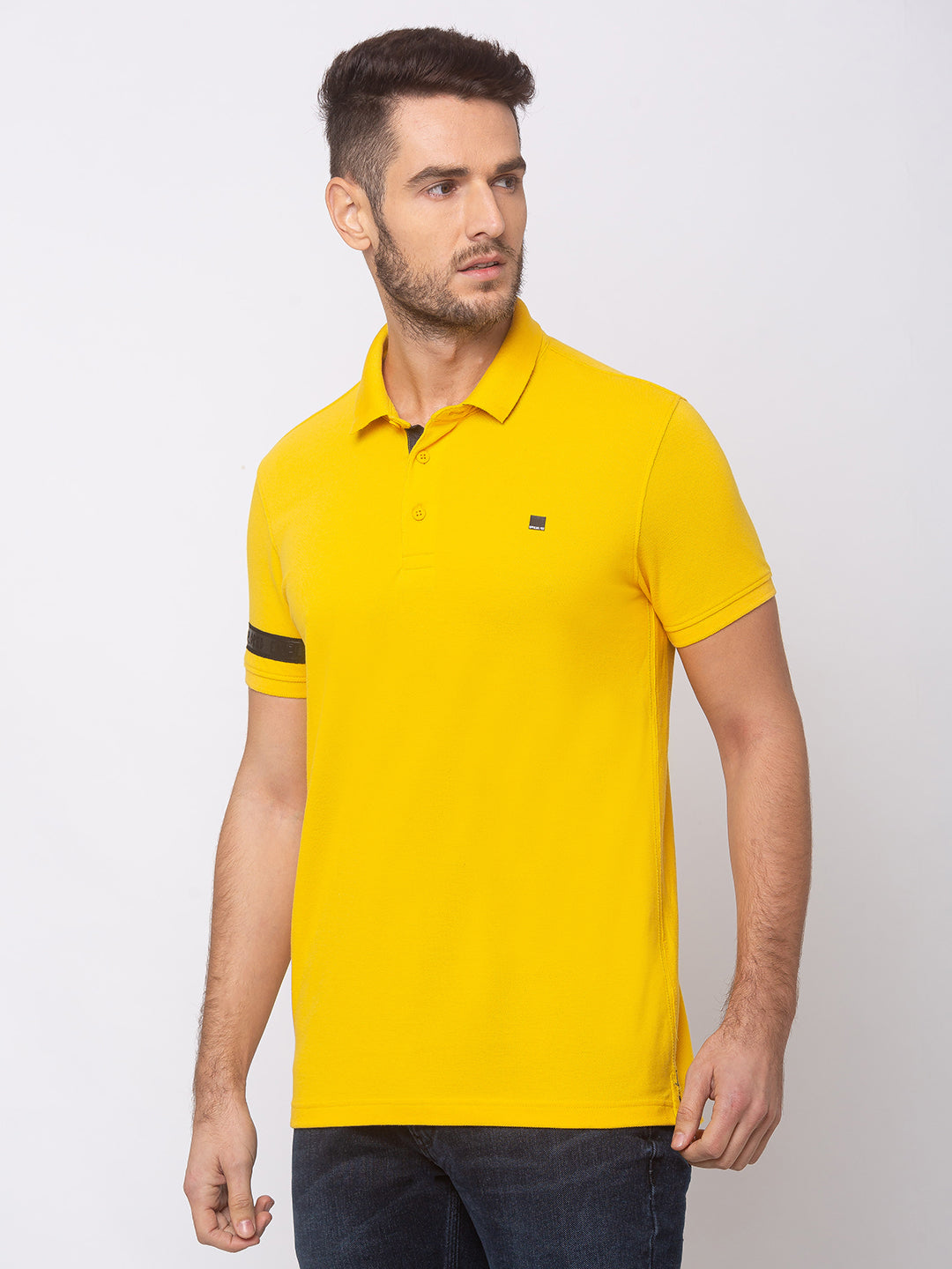 Spykar Men Yellow Cotton Slim Fit Polo T-Shirt