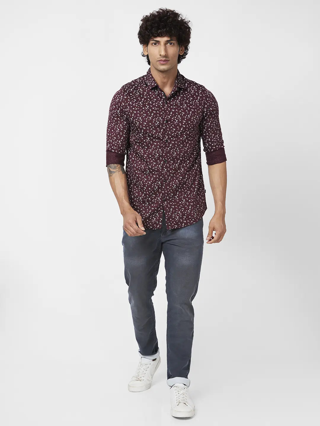 Spykar Men Deep Wine Red Satin Slim Fit Full Sleeve Causal Printed Shirt
