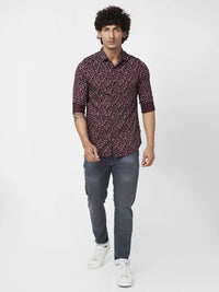 Spykar Men Deep Wine Red Satin Slim Fit Full Sleeve Causal Printed Shirt