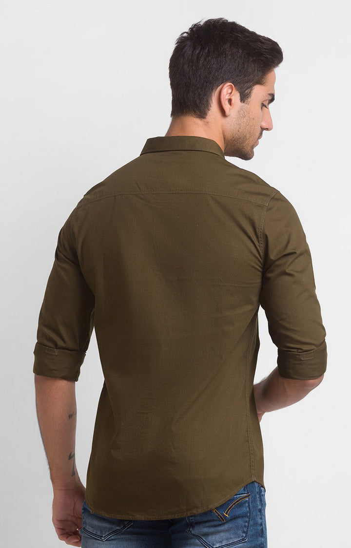 Spykar Military Green Cotton Full Sleeve Plain Shirt For Men