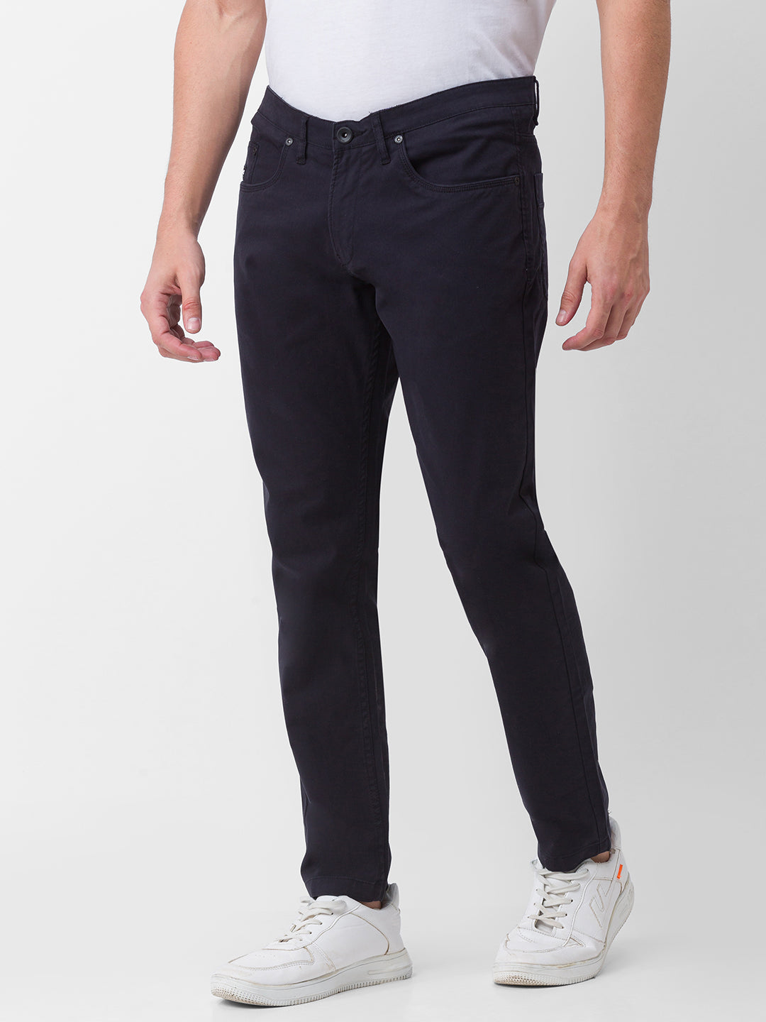 Spykar Black Cotton Slim Fit Tapered Length Trousers For Men