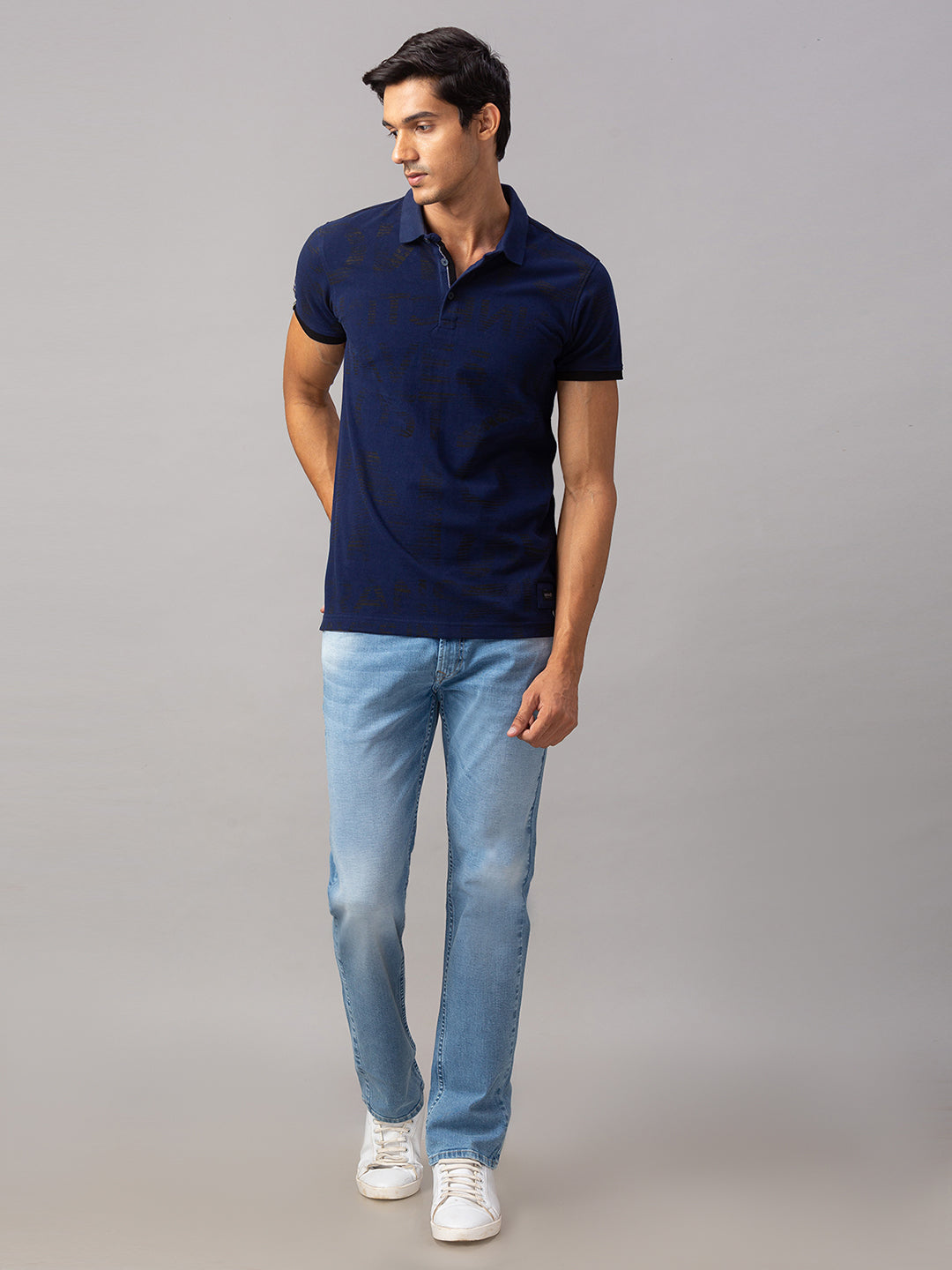 Spykar Men Blue Cotton Slim Fit Polo T-Shirt