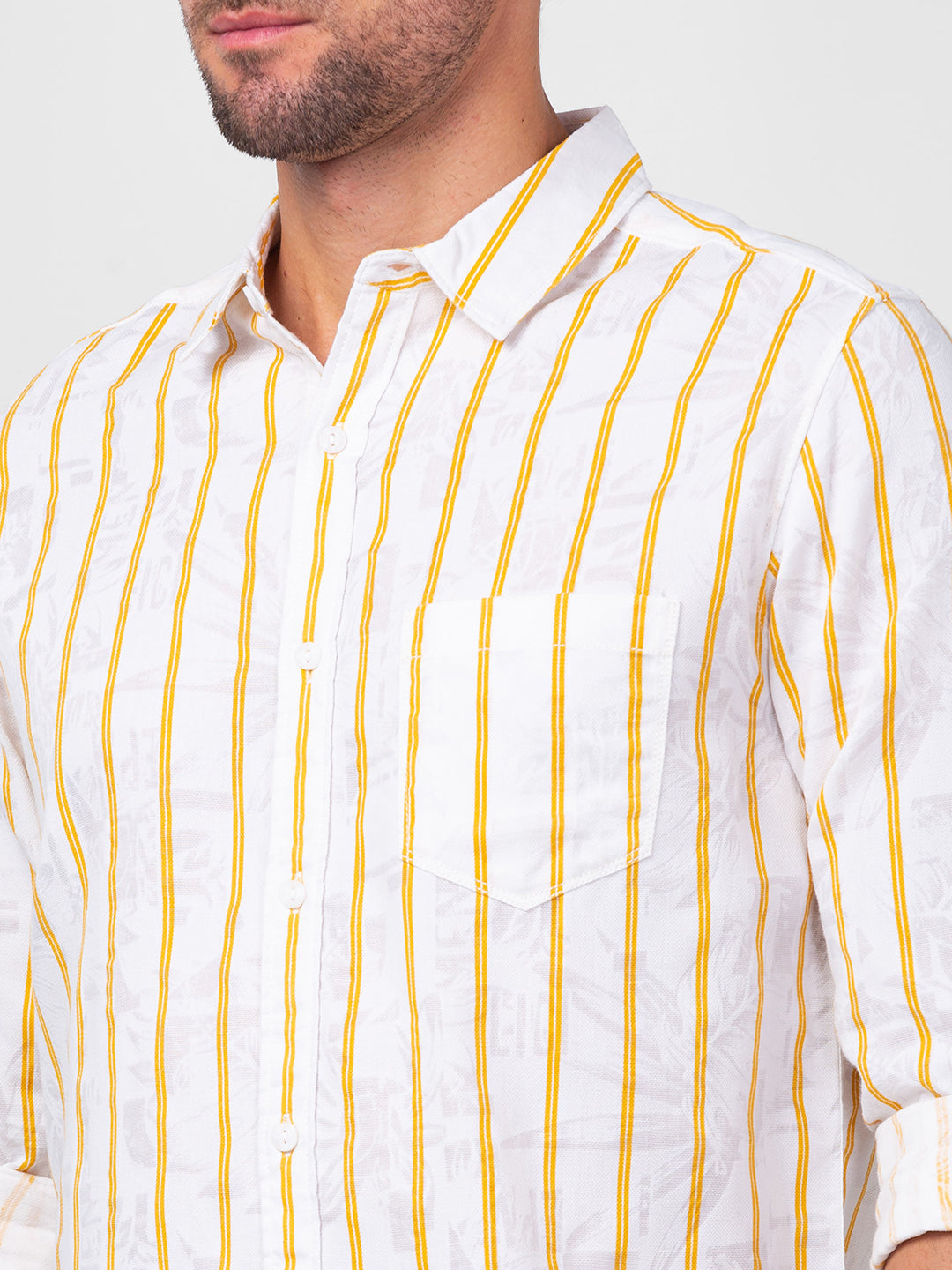 Spykar Men Chrome Yellow Cotton Slim Fit Striped Shirt