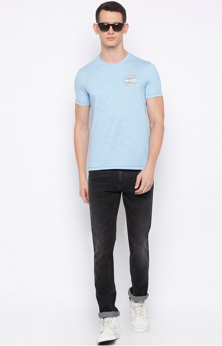 Spykar Blue Cotton Slim Fit T-Shirt For Men