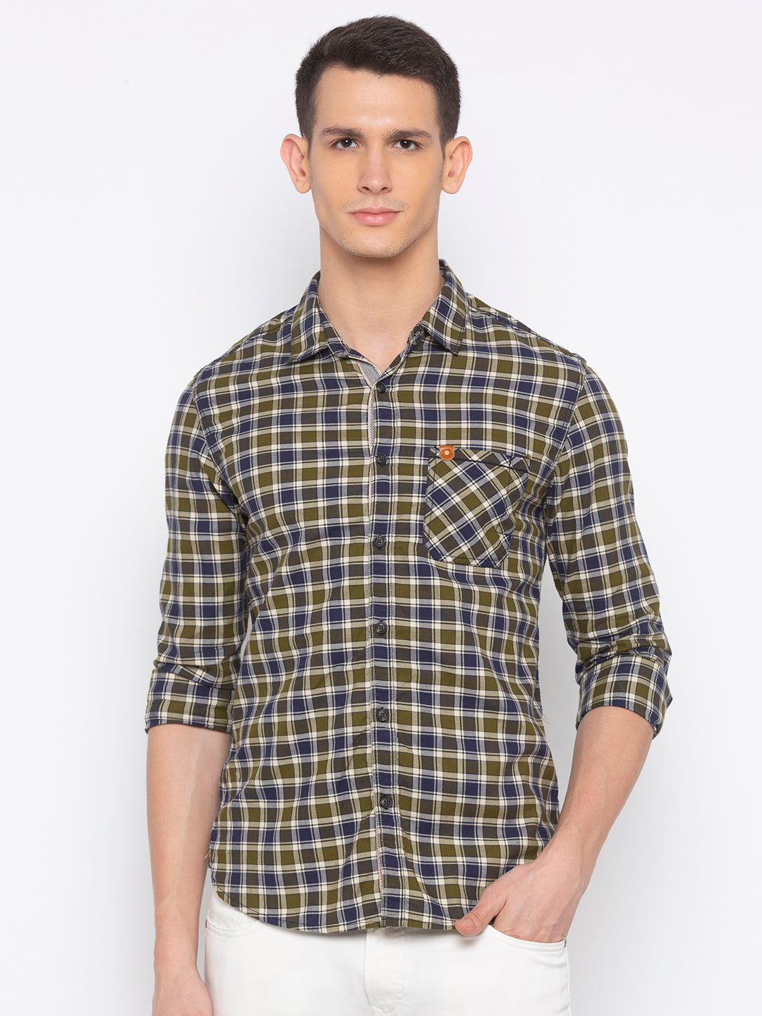 Spykar Men Olive Checked Slim Fit Casual Shirt