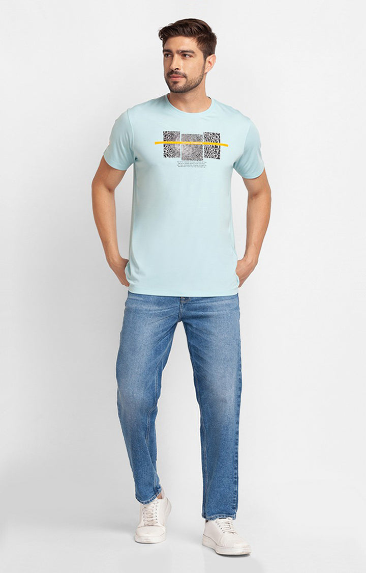 Spykar Aqua Blue Cotton Half Sleeve Printed Casual T-Shirt For Men