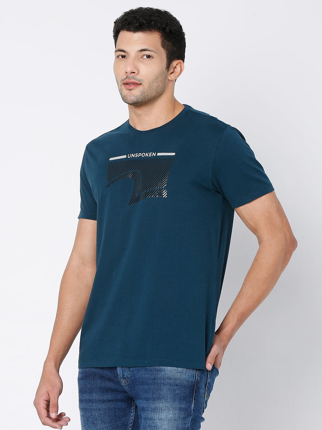 Spykar Teal Blue Cotton Half Sleeve Printed Casual T-Shirt For Men