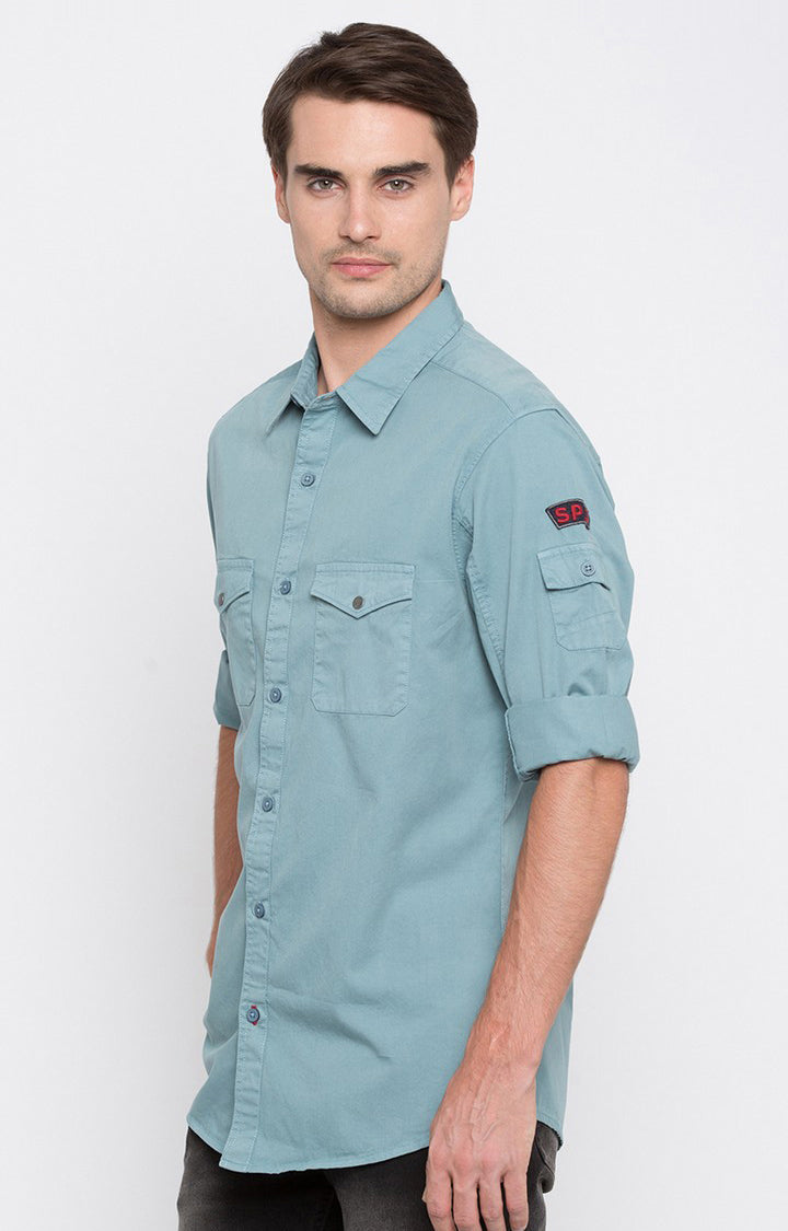 Spykar Men'S Blue Cotton Solid Casual Shirts