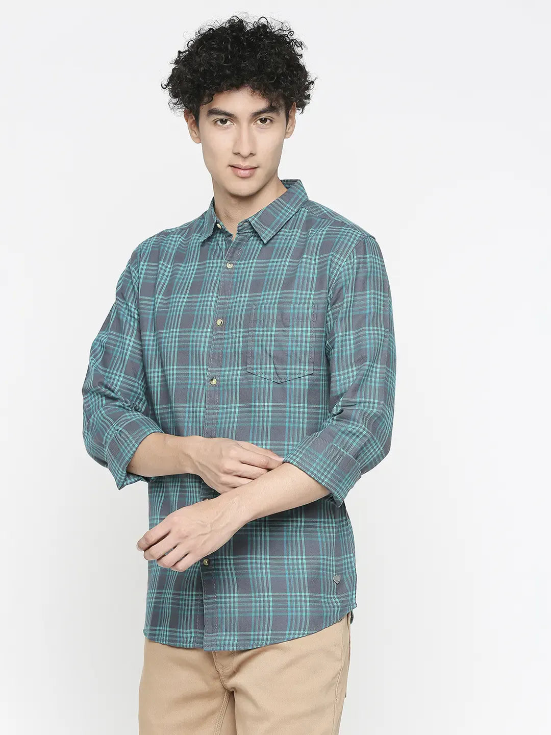 Spykar Men Mint Blue Cotton Slim Fit Checkered Shirt