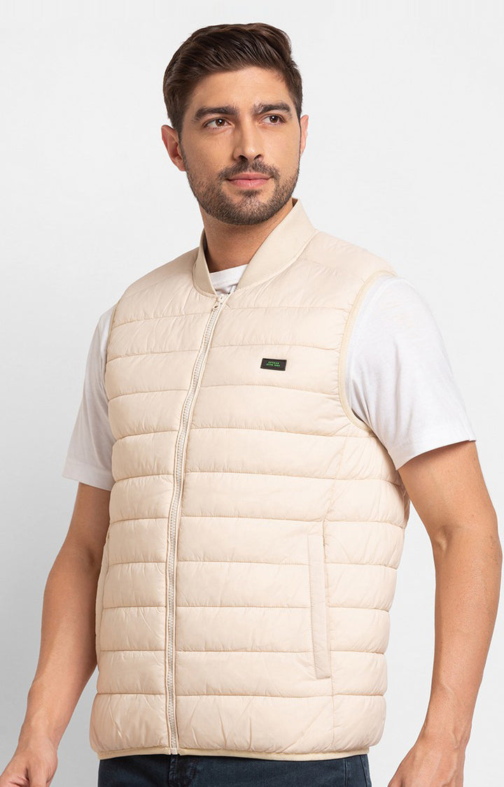 Spykar Ecru Polyester Sleeveless Casual Jacket For Men