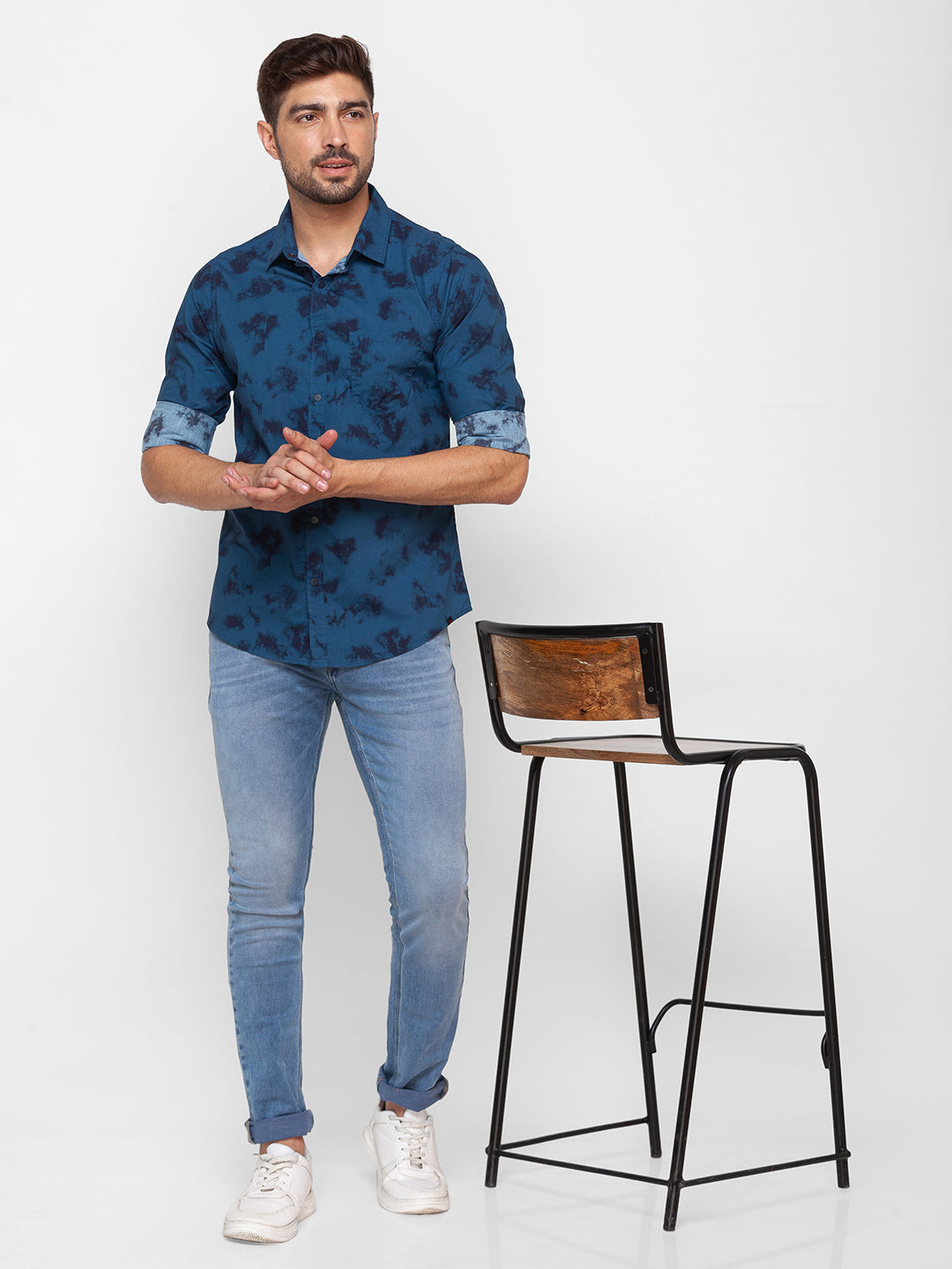 Spykar Indigo Blue Cotton Full Sleeve Printed Shirt For Men