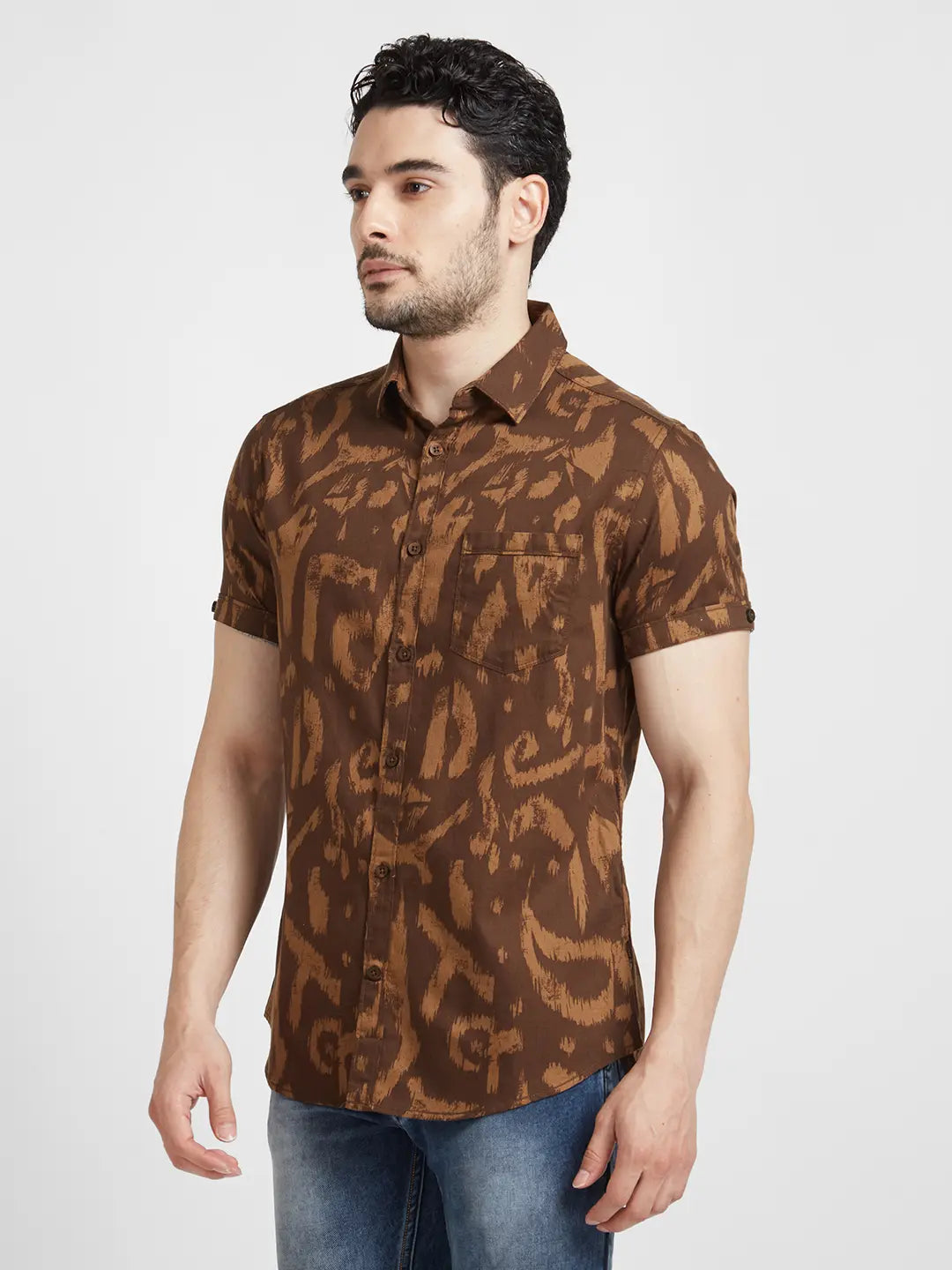 Spykar Men Brown Cotton Slim Fit Half Sleeve Printed Shirt