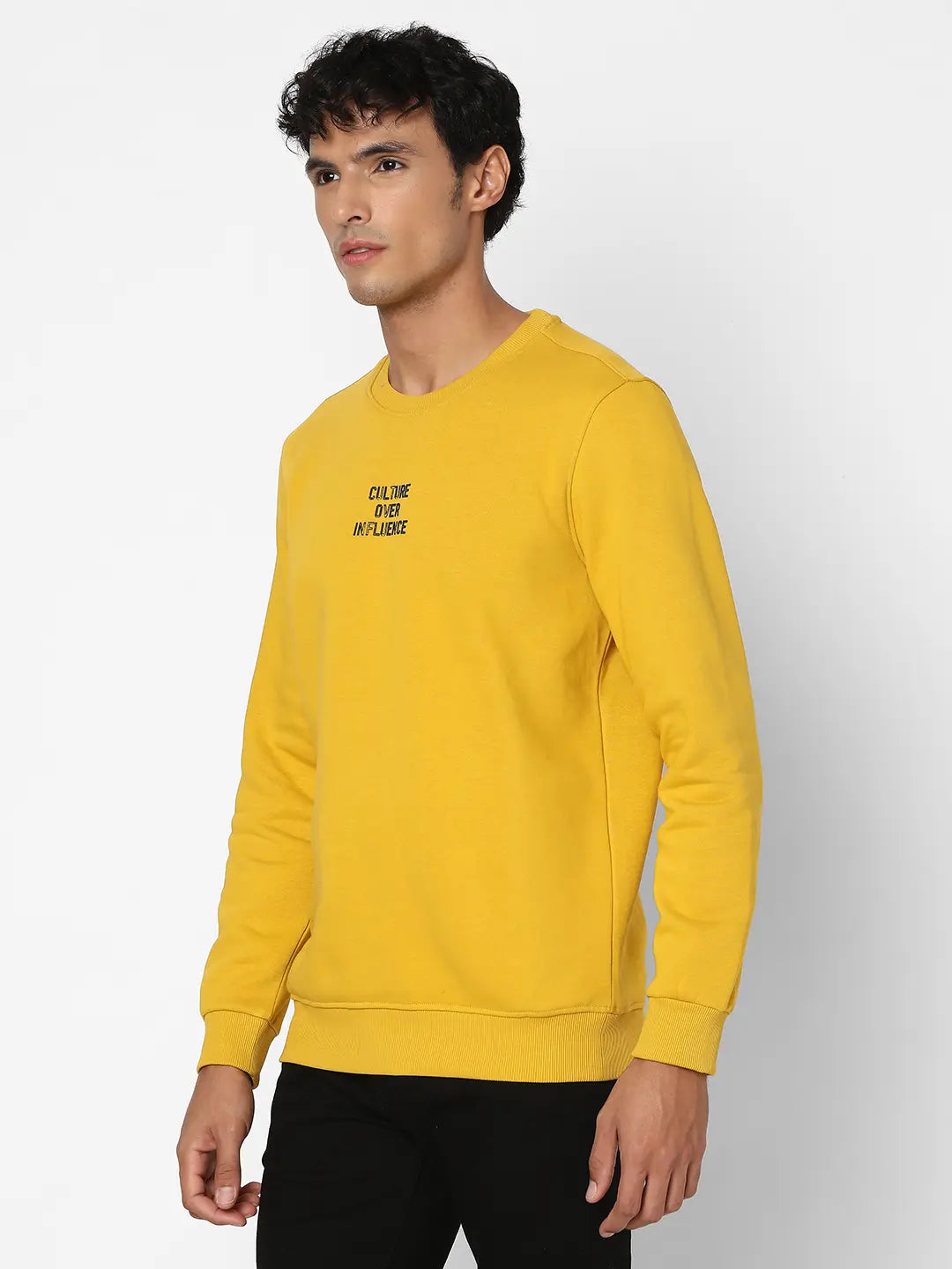 Spykar Men Sulphur Yellow Blended Slim Fit Full Sleeve Round Neck Plain Casual Sweatshirt