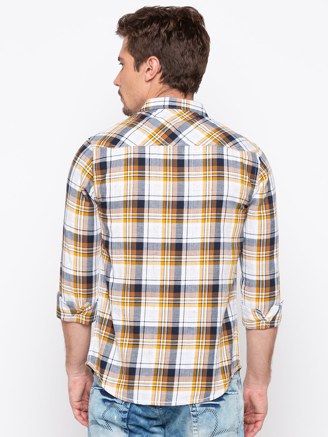 Spykar Men Mustard Checked Slim Fit Casual Shirt