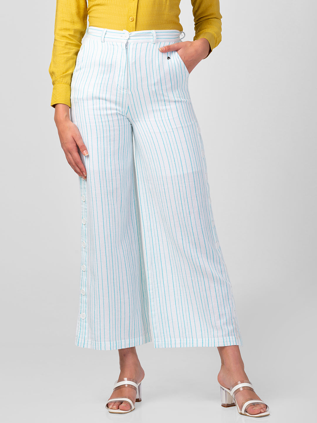 Spykar White Cotton blend Bootcut Fit Ankle Length Striped Trousers