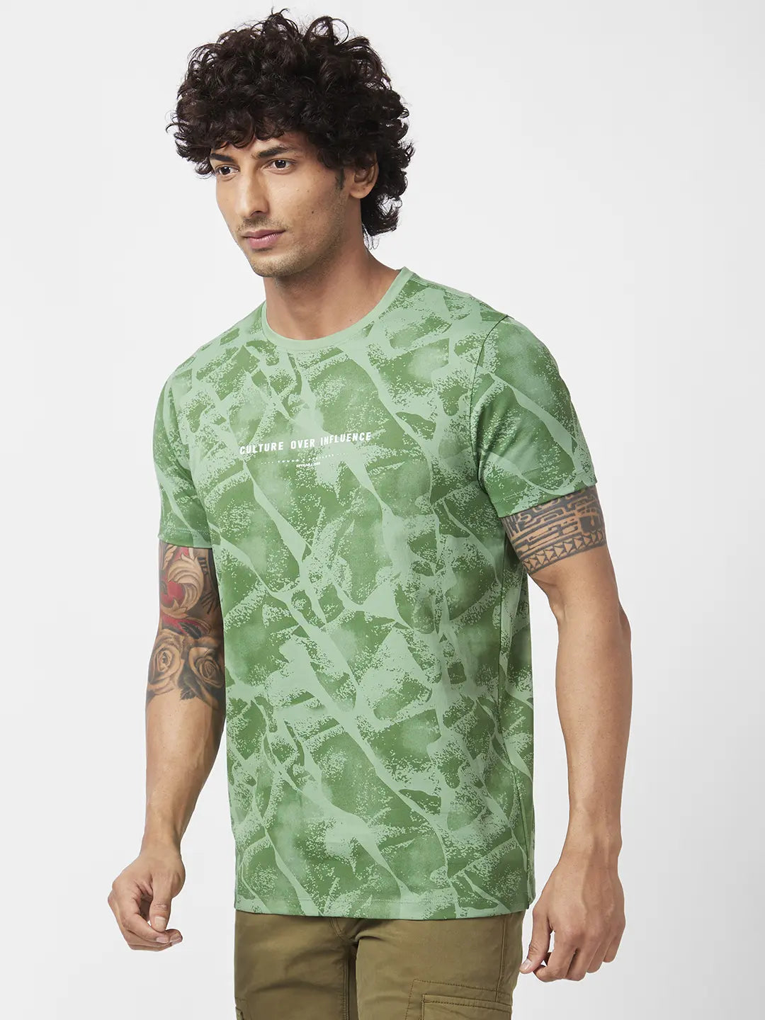 Spykar Men Sage Green Blended Slim Fit Half Sleeve Round Neck Printed Tshirt