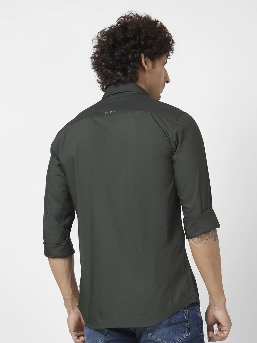 Spykar Men Bottle Green Dyed Regular Slim Fit Full Sleeve Plain Shirt