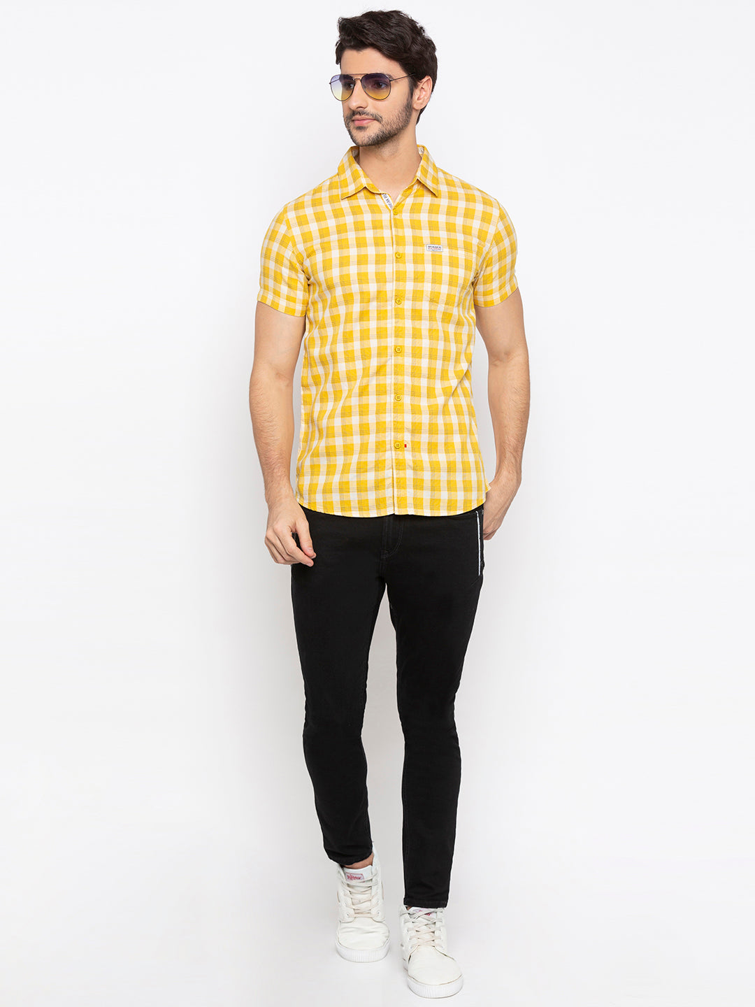 Spykar Men Yellow Checked Slim Fit Casual Shirt