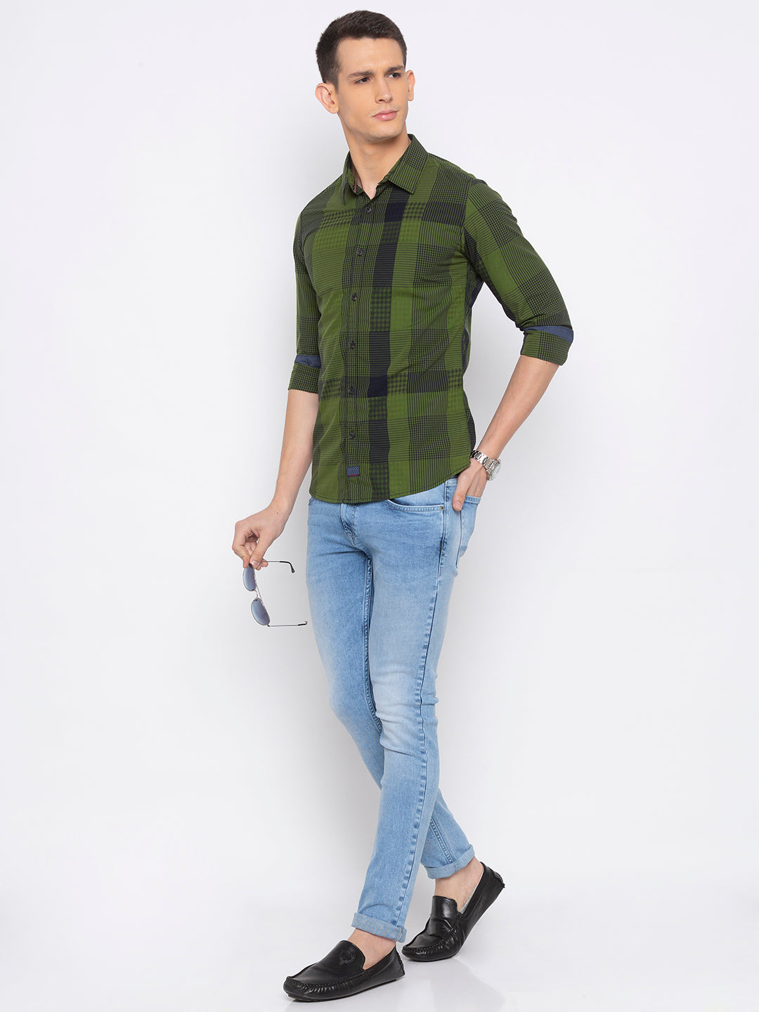 Spykar Men Green Checked Slim Fit Casual Shirt