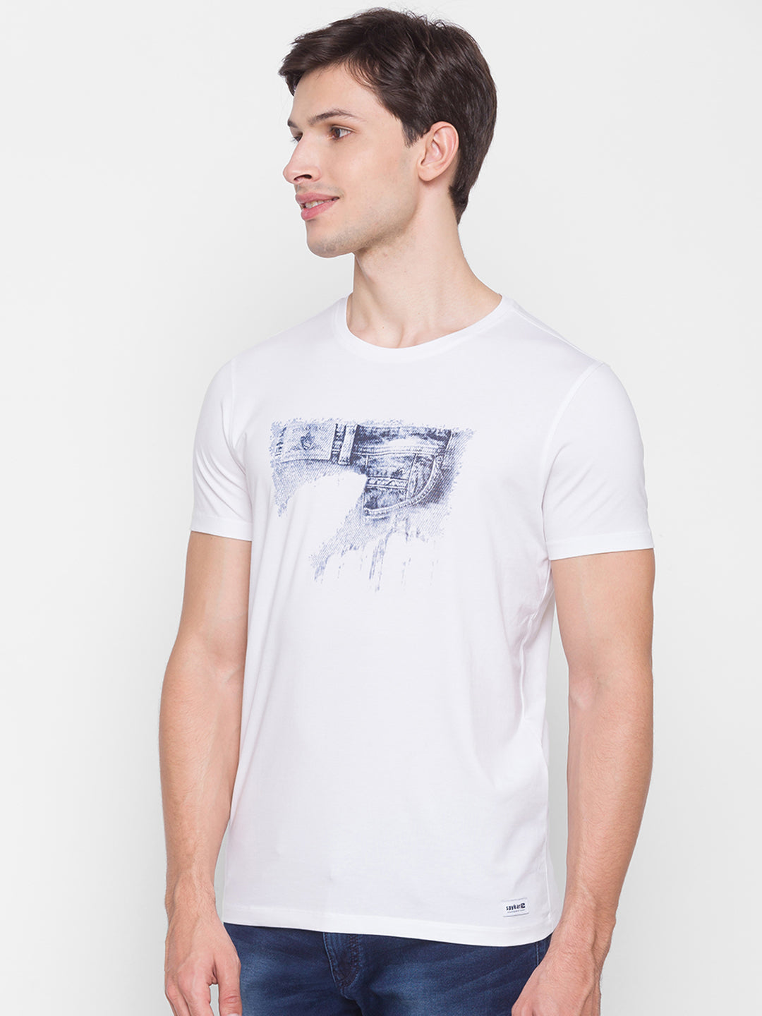 Spykar Men White Cotton Slim Fit Round Neck T-Shirt