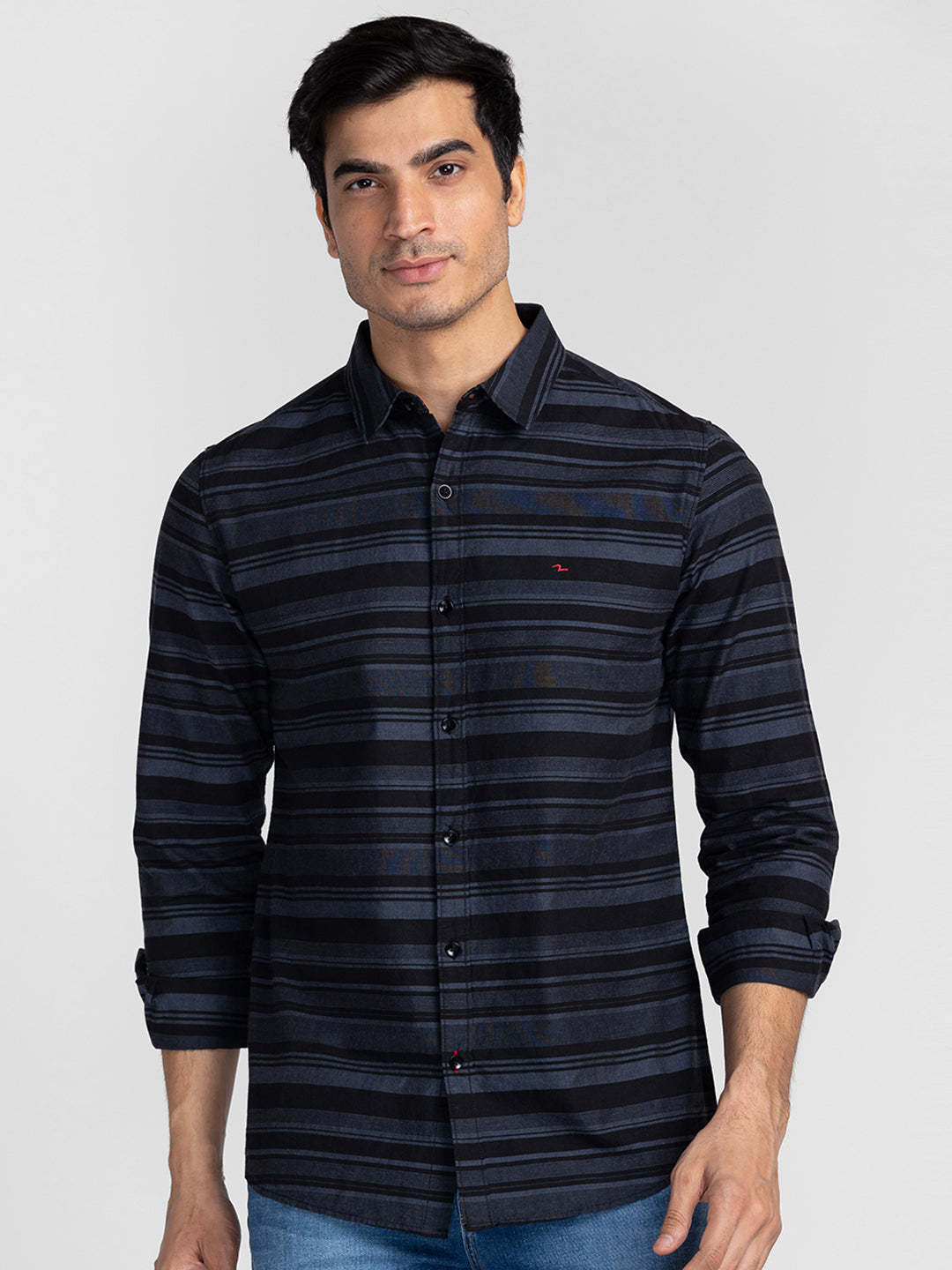 Spykar Men Black Cotton Slim Fit Striped Shirts