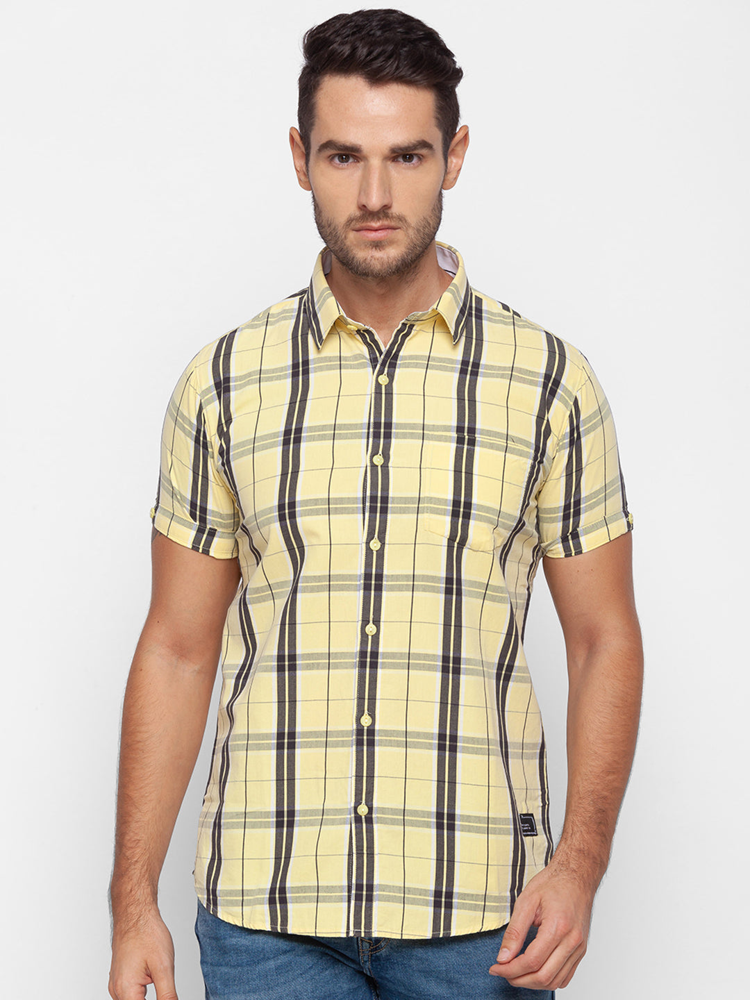 Spykar Slim Fit Yellow Cotton Men Shirt