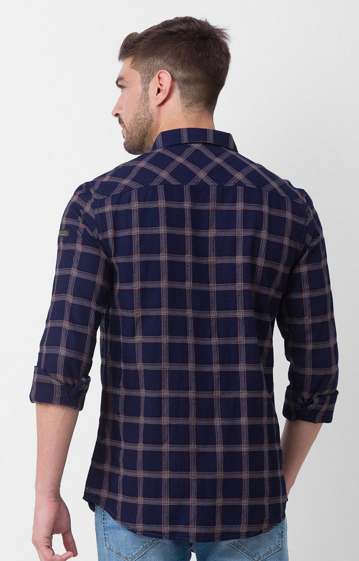 Spykar Navy Blue Cotton Full Sleeve Checks Shirt For Men