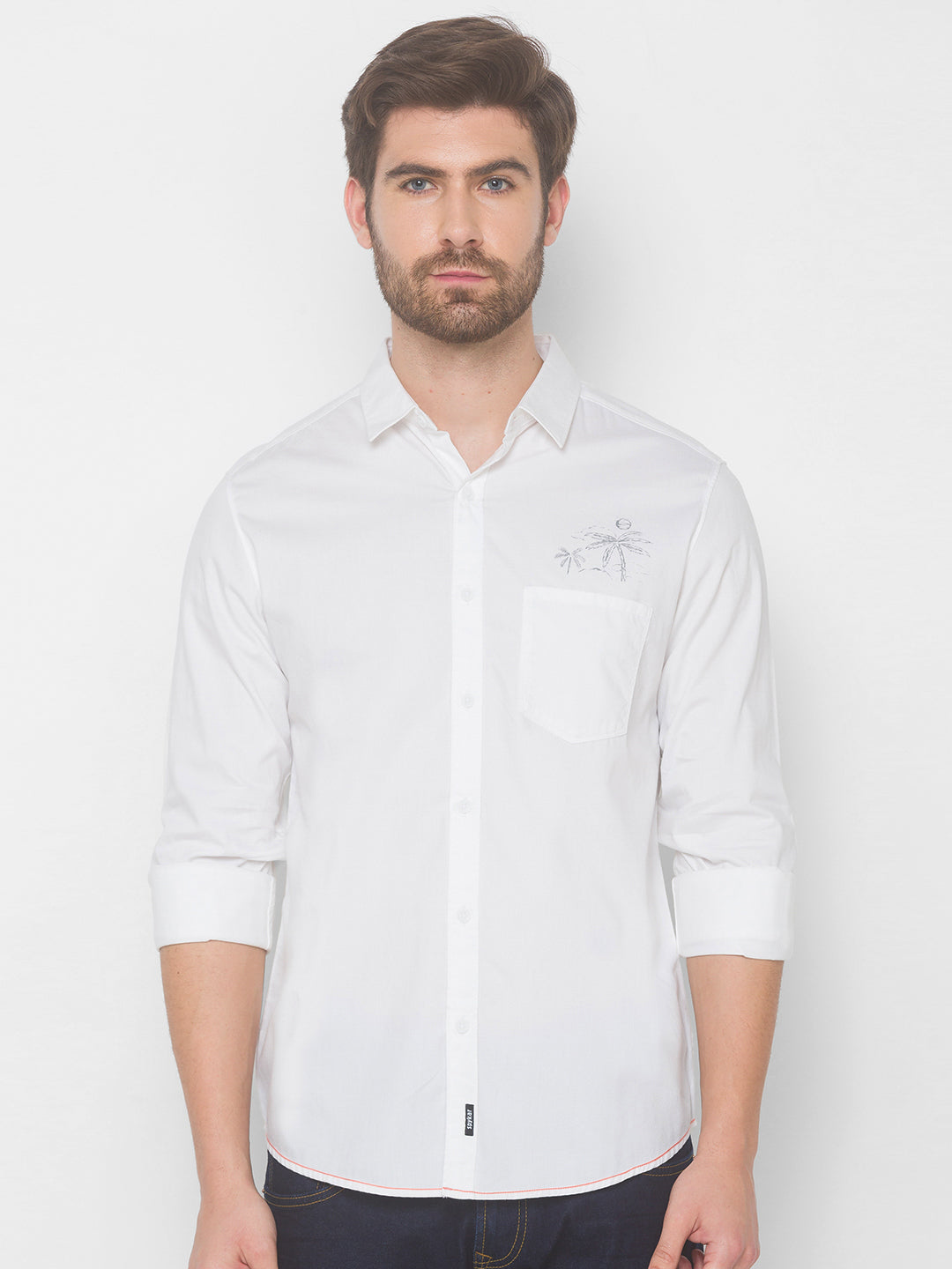 Spykar Men White Cotton Slim Fit Shirt