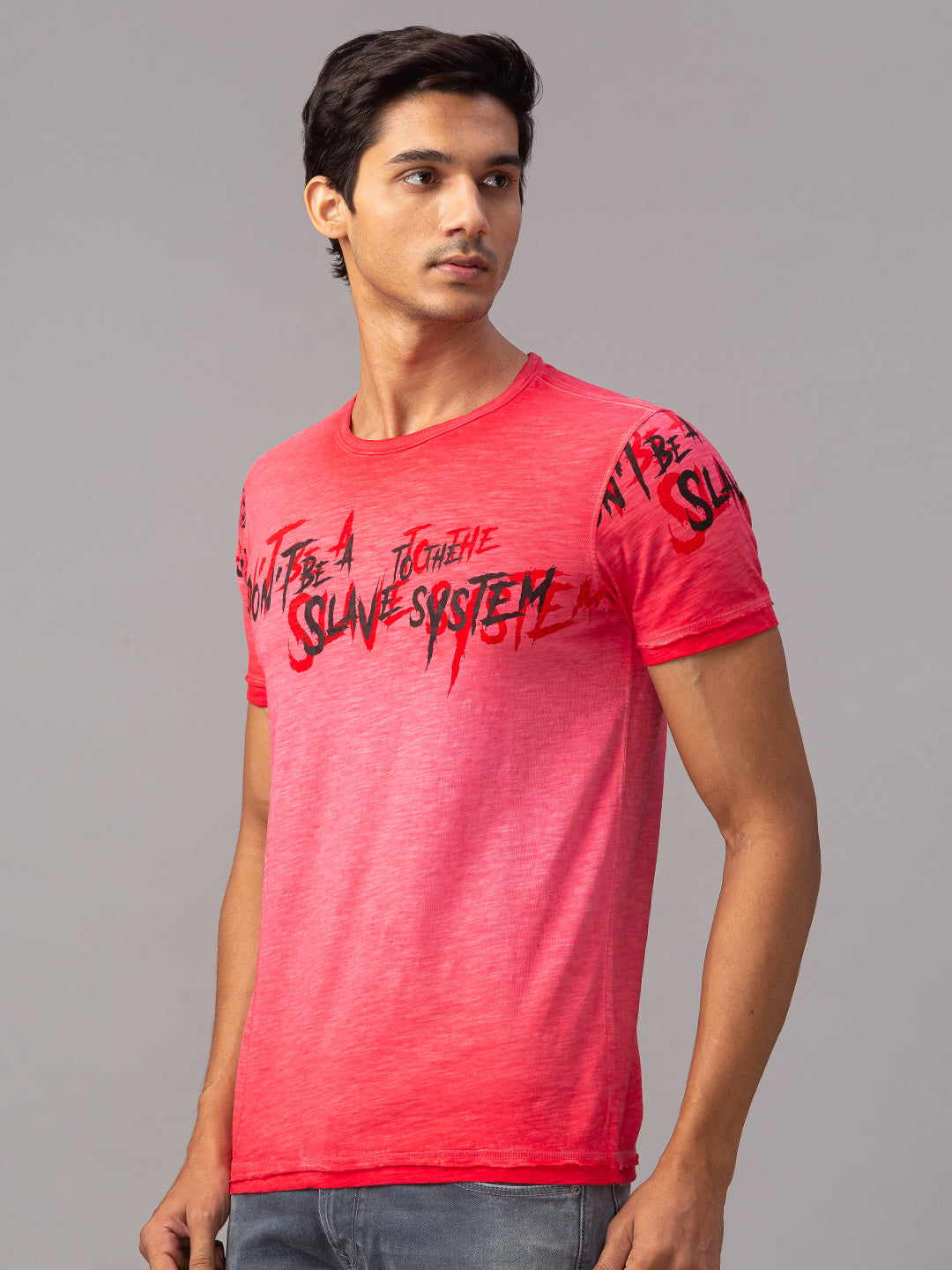 Spykar Men Red Cotton Slim Fit Round Neck T-Shirt