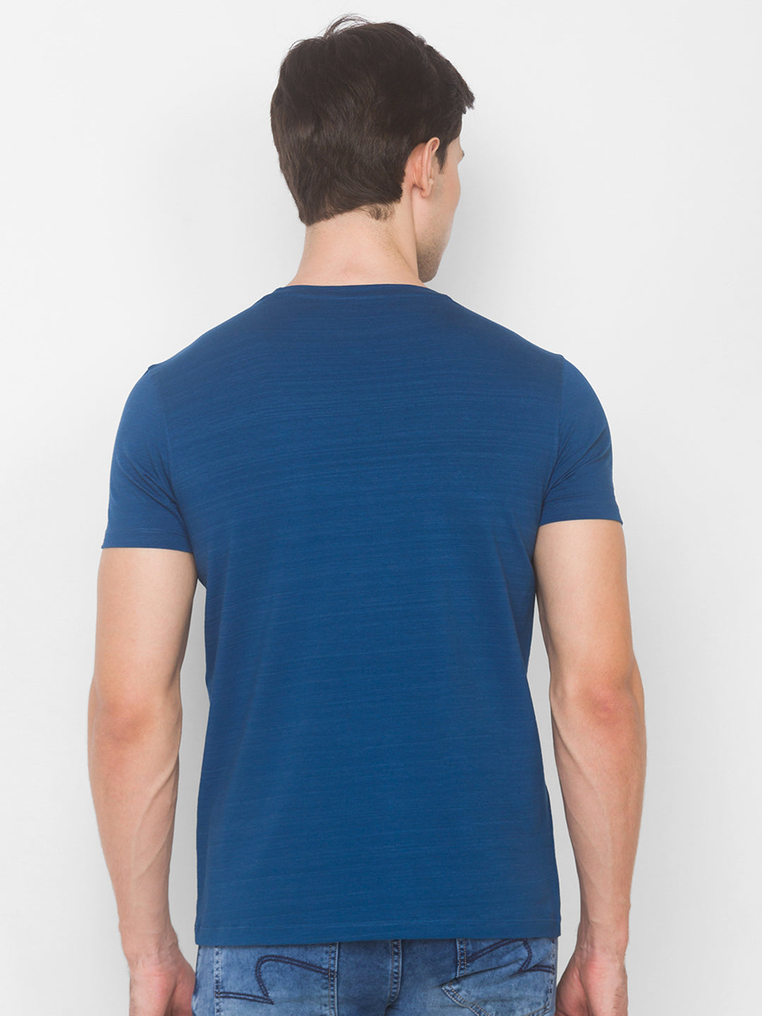 Spykar Men Blue Cotton Blend Slim Fit Round Neck T-Shirt