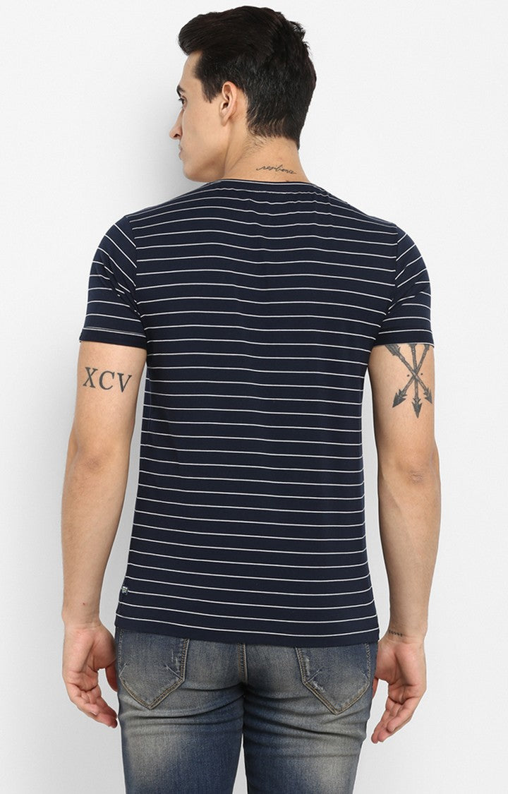 Spykar Navy Blue & White Striped Slim Fit Men T-Shirts