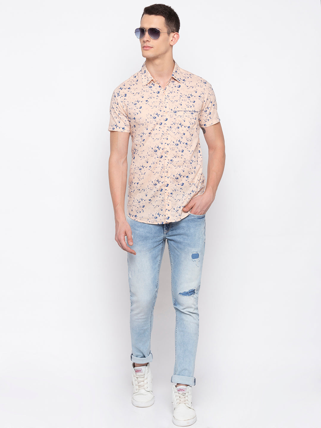 Spykar Men Peach Printed Slim Fit Casual Shirt