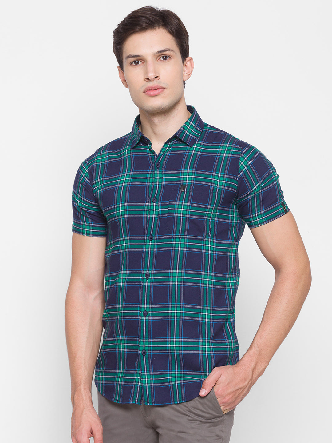 Spykar Slim Fit Green Cotton Men Shirt