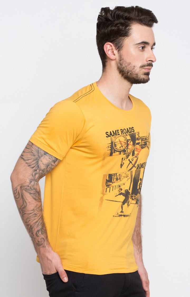 Spykar Yellow Printed Slim Fit Men T-Shirts