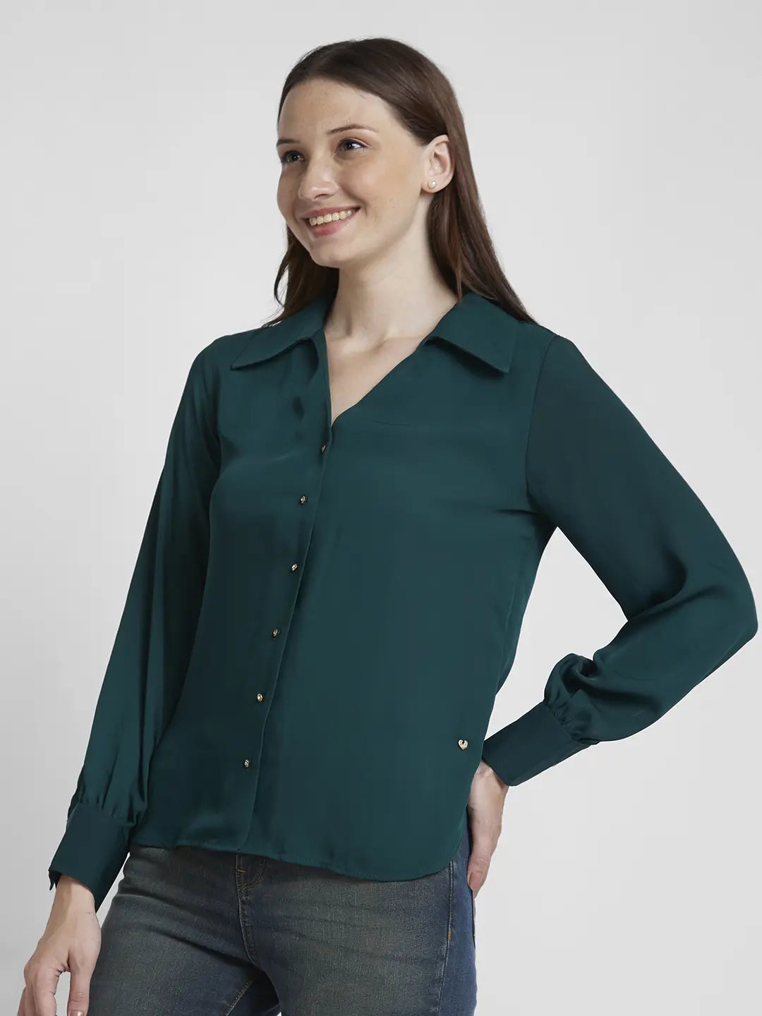 Spykar Women Dark Green Polyester Regular Fit Full Sleeve Plain Shirt